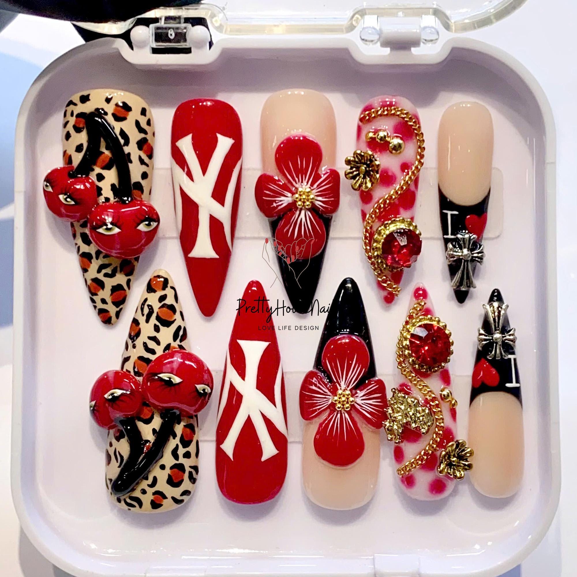 Unique and Artistic Press On Nails with Cherry, Floral, Leopard Print, Hand-painted Nail Art for Party, Holiday, Birthday Nail, Gift for her