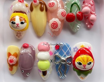 Kawaii Katze Presse auf den Nägeln, 3D handgemachte niedliche Cartoon Nägel, süße Dessert Nail Art, japanischer Decoden-Stil, künstliche Nägel für Geschenk, Cosplay Nagel