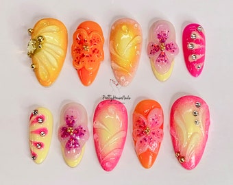 Custom Colorful Flower Nail Set, Sunset Tropical Flower Press On Nails, Trendy Fake Nails for Stylish Ladies, 3D Handcraft Nail Art, Gift.