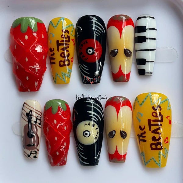 Hand-painted Beatles Nail Art Set, Long Coffin Nail Set with 3D Apples, Strawberry, Records Music, The Beatles Press On Nails, Gift for Fans