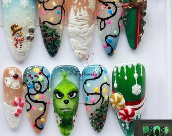 Colorful Lights Glow-In-The-Dark Christmas Long Stiletto Press On Nail - Luxurious XMas and Holiday Nail Art