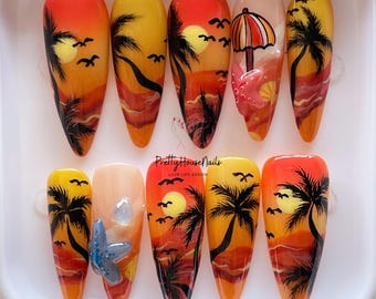 Hand-painted Sunset Beach Press On Nails, Summer Palm Tree Fake Nails, Tropical Vacation Nail Art, Handmade Nail Set, Holiday Nails, Gifts.