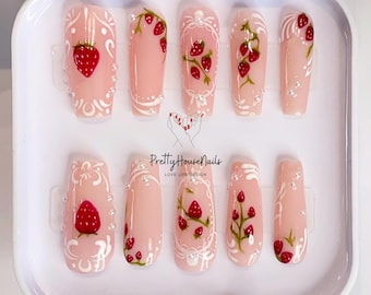 Poolside Fresh Strawberry Nail Set | Fruit Lover Nails Art| Adorable 3D Raised Art | Look Fresh False Nails For Summer Holiday |Gift for Her
