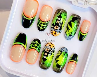 Scary House Nail Press On, Scream Night Press On Nails, Smile Pumpkin Nail Art, Flying Bat Nail, Green Halloween Nails, Halloween Nail Gifts