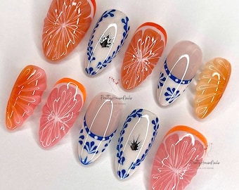 Special Summer Press On Nails, Fruit Lover Nails Set, Crystal Color Nails Art, Custom Juicy Orange Fresh Look False Nails for Summer Holiday