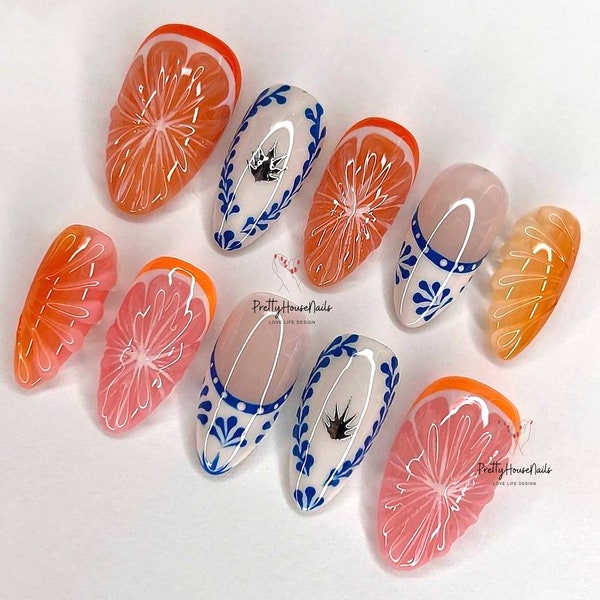 Spezielle Sommerpresse auf den Nägeln, Obstliebhaber-Nägel-Set, Kristallfarben-Nägel, Benutzerdefinierte Juicy Orange Fresh Look-False-Nägel für die Sommerferien