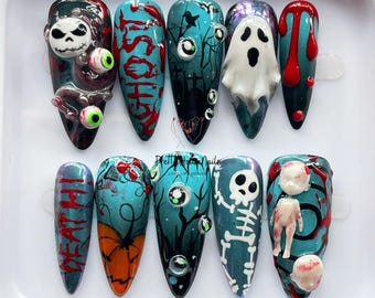 Creepy Halloween Fake Nail Set, Long Almond Nails With Ghost, Skeleton, Blood, Pumpkin, Horror 3D Nail Art, Custom Gothic Nails, Spooky Nail