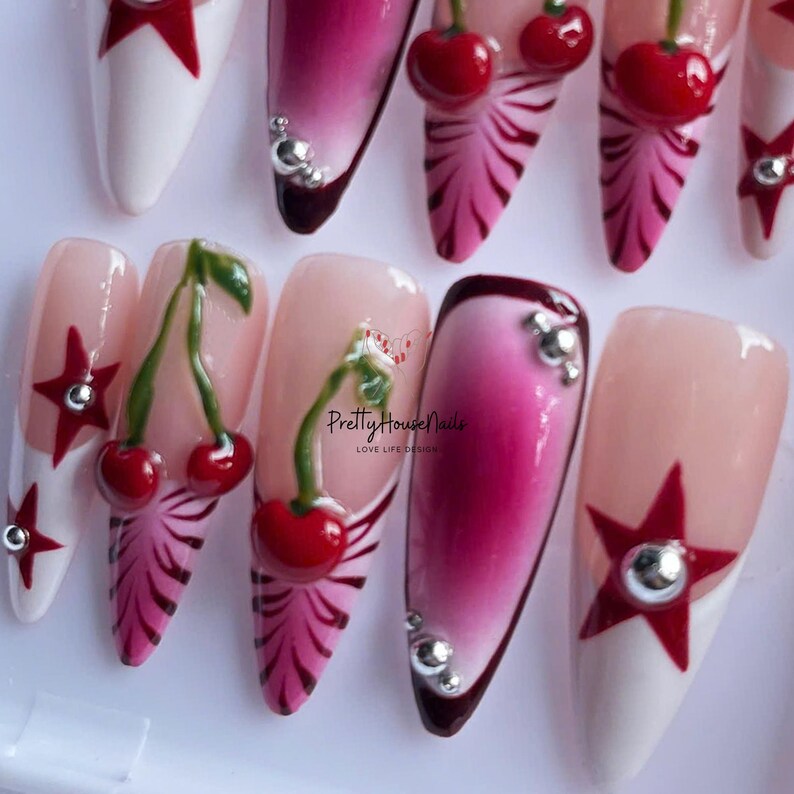 press on nails, almond press on nail, Long Stiletto Nail, handpainted Nail, Cute Nail, Gel Nail Art, Fake Nails, Valentine Nail, Cherry Nail, Jelly Nail, Pink Nail, Red and Pink Nail, Valentine nails, Heart Nailsm Romantic Nail Art