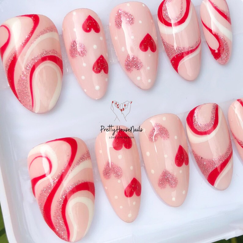 reusable nails, Press On Nails, 3D Nail Art, Cute Nails, Handmade Nails, custom nails, custom press on, acrylic press ons, Red press on nails, 3D bow nails, Cherry Nail Set, Valentine Nails, Valentine Nail Set, Pink Nails, Romantic Nails