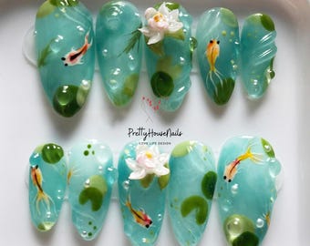 Unique Almond Nail with Koi Pond, Lotus Flower, Asian Nail Art Inspired Press On Nails, Limited Edition Tea Party Nail Set, Mint Green Nails