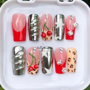 Bright Red Press On Nails with 3D Dice, Cherries, French tips & Cheetah Prints, Casino Nails, Silver Nail Art, Las Vegas Fake Nail Set, Gift