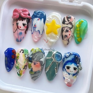 Uñas postizas de almendra con diseño de anime 3D, hechas a mano, coloridas y inspiradas en dibujos animados, con adorables personajes, estrellas y diseños de la naturaleza. ¡Un regalo para ella!