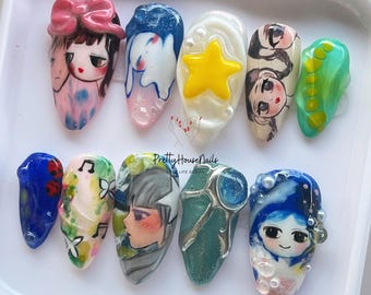 3D Anime Art Press On Nails, handgefertigte bunte Cartoon-inspirierte Mandel Gefälschte Nägel mit niedlichen Charakteren, Sternen & Naturdesigns, Geschenk für Sie