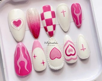 My Heart Press On Nails, Crystal Valentine Nails Set, Interconnected Hearts Nails Art, Look Fresh False Nails For Valentine Day Gift for Her