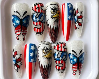 Unhas de pressão patrióticas dos EUA, unhas decoradas feitas à mão em vermelho, branco e azul, unhas de águia com bandeira americana, presente de 4 de julho, conjunto de unhas Freedom, unhas para festas