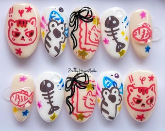 Süße 3D Cartoon Press-On Nägel, Handgefertigte Kawaii Nägel mit Spaß 3D Designs, Cartoon Design Nailart, Fake Nagel für Geburtstag, Fantasy Nägel