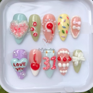 Customizable Age Number Nail Set with Handcrafted Cake, Cherry & &quot;LOVE YOU&quot; Design, Birthday Press-On Nails, Cake Frosting Press On Nails.