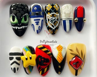 Cartoon & Movie Inspired Press On Nails, Limited Edition Jurassic Park Nails, Custom Cosplay Nails, Unique Hand Painted Fake Nail Set Gift.