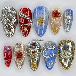 Sunshine Press On Nails Set | Sun Smile Nails Art | Snake Wrapped in Almond Nails | Gel X Fake Nails | Red Star Nails | Nails With Charm.