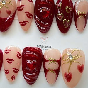 valentine nails, burgundy nails, heart press on, kiss print nails, 3d heart nails, romantic nails, red press ons, love nails gift, nude red nails, gold charm nails, almond nail set, valentine gift her, handmade nails
