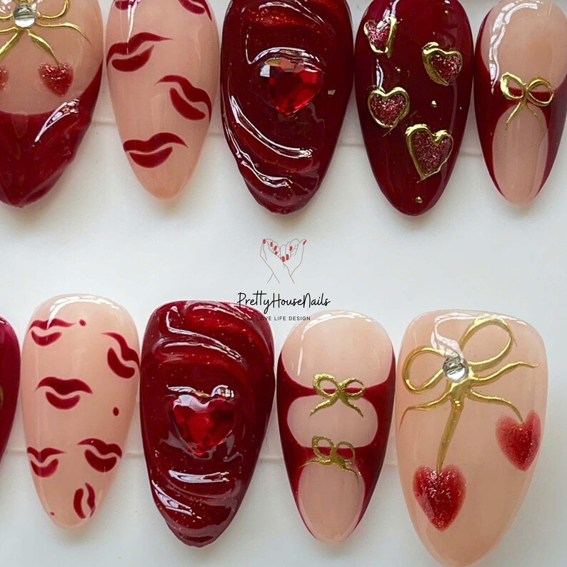 valentine nails, burgundy nails, heart press on, kiss print nails, 3d heart nails, romantic nails, red press ons, love nails gift, nude red nails, gold charm nails, almond nail set, valentine gift her, handmade nails
