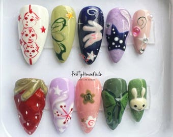 Hand-painted Whimsical Almond Press On Nails, Funny Nail Set with Strawberry, Miffy, Unique Summer Nails, Party Nails, Holiday Nails, Gifts.