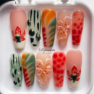 Red Daffodil Flower Press On Nails, Luxury Long Coffin Nails, Adorable 3D Nail Art, Fake Acrylic Nails For Spring-Summer, Ombre Nails, Gifts