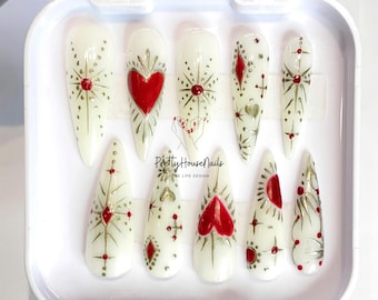 Romantische minnaar pers op nagels, 3D-hart handgeschilderde nagel, aangepaste pers op de nagel, Valentijn nagels, handgemaakte pers op nagels, nep acrylnagel