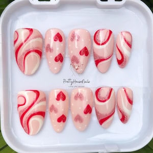 Romantic Valentine Nail Press-On, Valentine’s Day Heart Nail, Love-Themed Nail Art, Romantic Nail Art, Red Heart Nails for Special Occasions