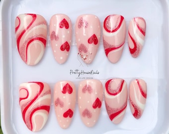 Uñas románticas de San Valentín a presión, uñas con forma de corazón para San Valentín, arte de uñas con temática de amor, arte de uñas romántico, uñas con forma de corazón rojo para ocasiones especiales
