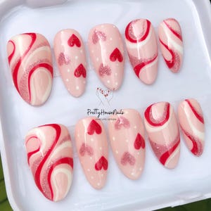 reusable nails, Press On Nails, 3D Nail Art, Cute Nails, Handmade Nails, custom nails, custom press on, acrylic press ons, Red press on nails, 3D bow nails, Cherry Nail Set, Valentine Nails, Valentine Nail Set, Pink Nails, Romantic Nails