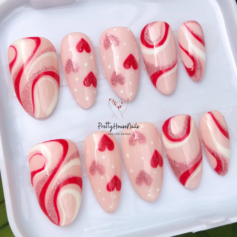 reusable nails, Press On Nails, 3D Nail Art, Cute Nails, Handmade Nails, custom nails, custom press on, acrylic press ons, Red press on nails, 3D bow nails, Cherry Nail Set, Valentine Nails, Valentine Nail Set, Pink Nails, Romantic Nails
