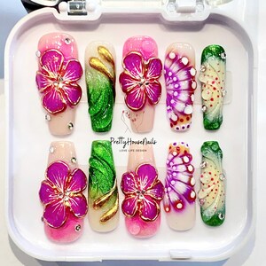 Vibrant Long Coffin Nails with Flowers & 3D Fairy Butterfly Accents, Handmade Spring Nails, Perfect for a Charming, Stylish, and Unique Look