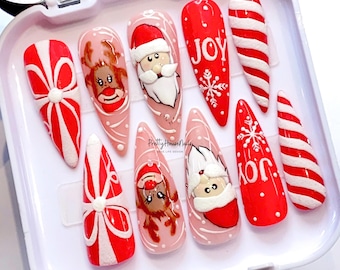 Christmas Party Press On Nails, Beautiful Santa Fake Nails, Christmas Nails, White Snowflake Nails Art, Look Fresh False Nails For Holiday.