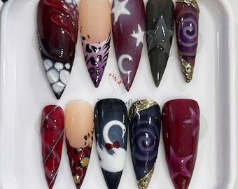 Freestyle Hand-painted Long Stiletto Nails, Mazzy Star Nail Art with Swan, Leopard Print, Abstract Nails, Vibrant Nail Art, Carnival Nails.