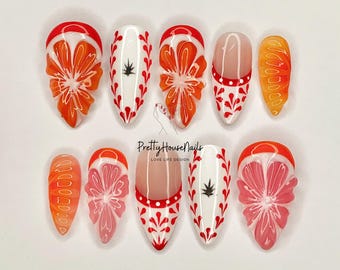 Brilliant Summer Press On Nails, Hand-painted Red Citrus Nails Art, Fake Nails With Tropical Fruit, Look Fresh False Nails For Parties, Gift