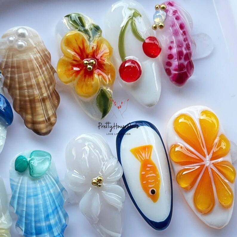 Tropical Nail Art, Beach Theme Nails, Ocean Nail Designs, Seashell Nails, Starfish Nail Art, Press on Nails, 3D Nail Art, Summer Nail Set, Floral Nail Designs, Unique Nail Set, Custom Nails, Vacation Nails, Holiday Nails