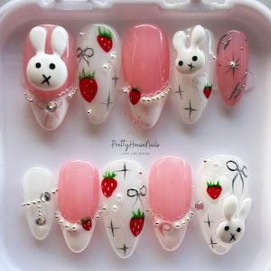 Cute Bunny, Strawberry Press On Nails with 3D Charms, Valentine Nails, Almond Nails, Perfect for Kawaii Lovers and Sweet Spring Nail Looks.
