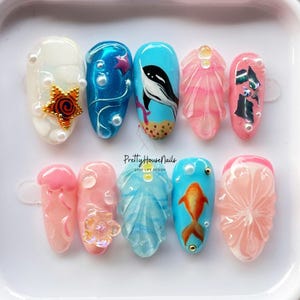 Ocean Inspired Whale Almond Press On Nails, Vibrant Summer Nail Set with Fruit Starfish, Seashell, Handmade False Nails for Holiday Vacation