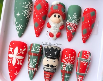 Red Plaid Christmas Long Stiletto Press On Nails, Handcrafted Matte Dark Green, Holiday Fake Nail with Santa Claus, Snowflakes, Gift for Her