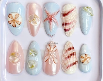 Seashell 3D With Flower Almond Press On Nails, Floral Handmade Gel Fake Nails for Birthday, Event Party Holiday, Summer Nails, Blue Nail Set