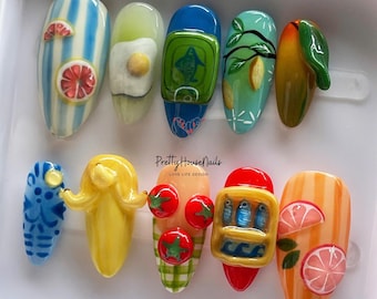 Handmade Holiday Press On Nails, Fruit Food Summer Nail Art, 3D Kawaii Fake Nails, Playful Custom Nails for Gifts, Daily Wear, Reusable Nail