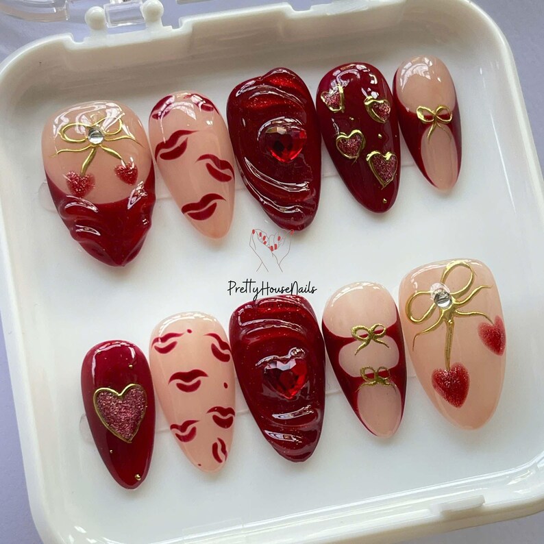 valentine nails, burgundy nails, heart press on, kiss print nails, 3d heart nails, romantic nails, red press ons, love nails gift, nude red nails, gold charm nails, almond nail set, valentine gift her, handmade nails