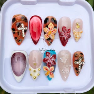 Spring Floral Press On Nail, Short Stiletto Nail Set With 3D Flower, Seashell, French Tips Nail, Cheetah Nail, Chrome Nail, Custom Fake Nail