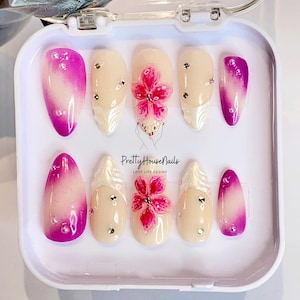 Gorgeous Flower With French Press On Nails, Almond Fake Nails, Hot Trend Summer Nail Set, 3D Floral Nail Art, Holiday Nails, Birthday Nails.