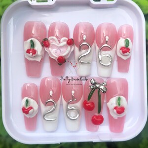 Custom Birthday Age Press On Nails, Sweet Birthday Nail Set With Cherry, Cute Cakes, Birthday Nails, Party Nails, Long Lasting Vibrant Nails