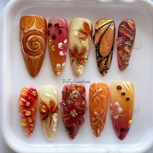 Autumn Long Almond Press On Nails, Handmade Fall Nail Art with Maple Leaves & Flower, Brown Orange Gradient Fake Nails for Thanksgiving Gift