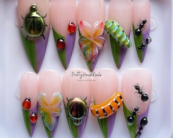 3D Garden Bug Press On Nails, Handmade Nature-Inspired Nail Art with Ladybugs, Ants, Flowers, Caterpillars, Long Stiletto Nail, Gift for Her