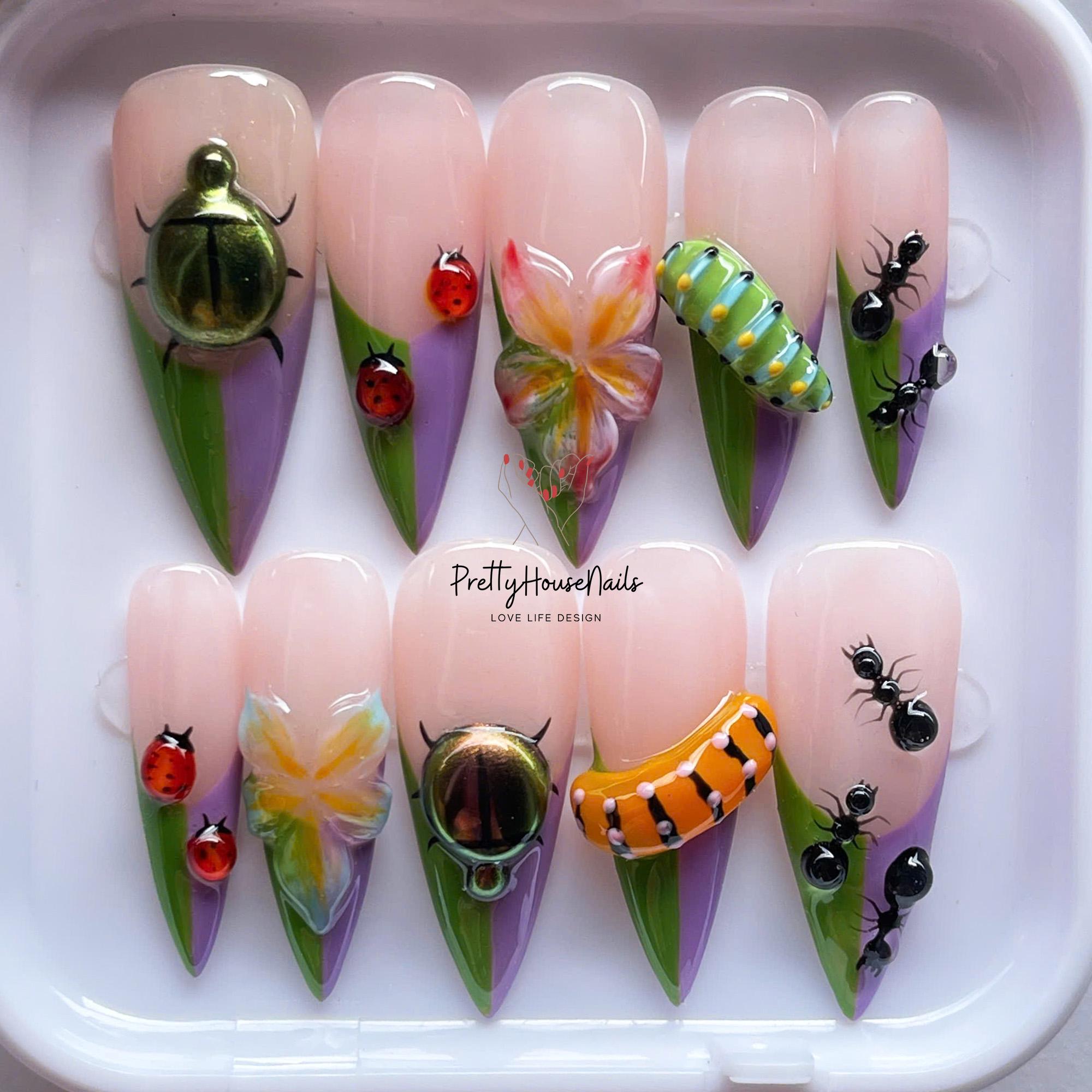 3D Garden Bug Press On Nails, Handmade Nature-Inspired Nail Art with Ladybugs, Ants, Flowers, Caterpillars, Long Stiletto Nail, Gift for Her