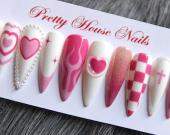 My Heart Press On Nails, Crystal Valentine Nails Set, Interconnected Hearts Nails Art, Look Fresh False Nails For Valentine Day Gift for Her